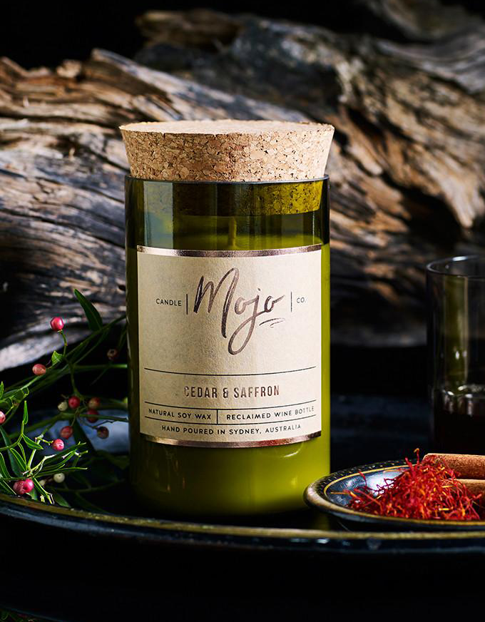 The Mojo Reclaimed Wine Bottle Soy Candle - Cedar & Saffron.