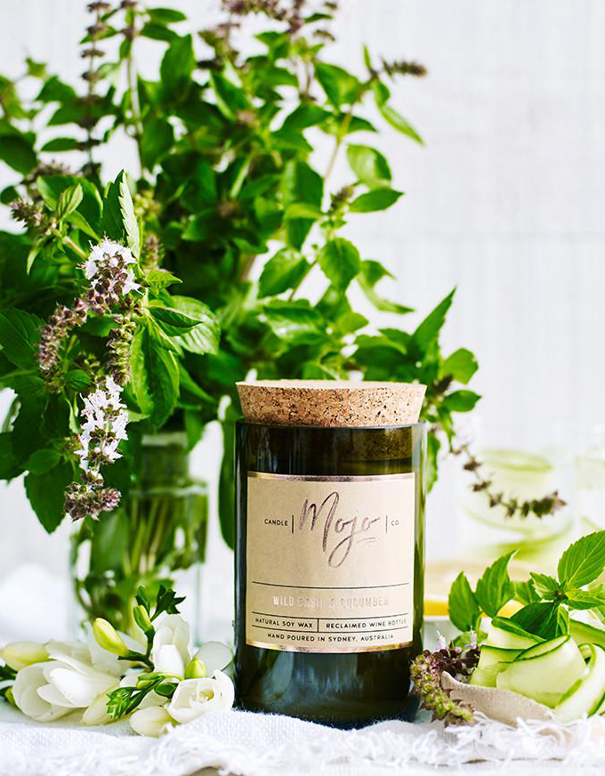 The Mojo Reclaimed Wine Bottle Soy Candle - Wild Basil & Cucumber